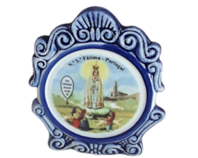 Placa com base redonda em faiança decorada Nossa Senhora de Fátima