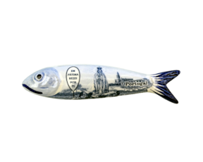 Magnético em faiança com formato sardinha decorado motivo N.S. Fátima Azul