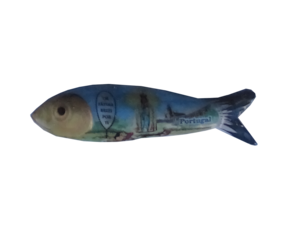 Magnético em faiança decorado com forma de sardinha motivo N.S. Fátima cor