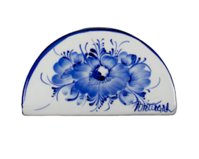 Porta guardanapos em faiança, pintada à mão, motivo flor azul