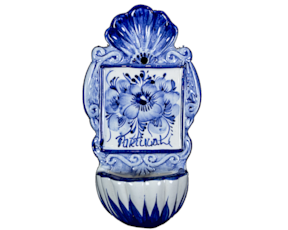 Pia concha em faiança, pintada à mão, motivo flor azul