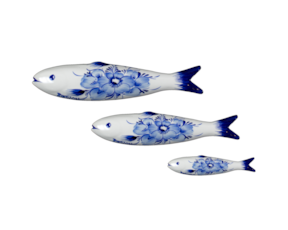 Sardinha em faiança, pintada à mão, motivo flor azul