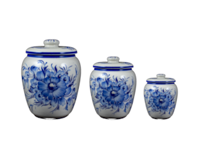 Pote em faiança pintado à mão motivo flor azul