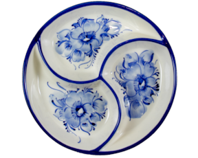Base de aperitivos três taças em faiança pintado à mão motivo flor azul