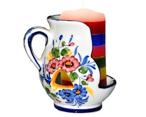 Castiçal pequeno em faiança pintado à mão motivo flor multicolor 