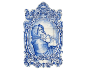 Painel azulejo pintado à mão tom azul e branco motivo mãe Maria