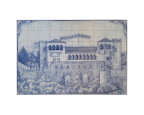 Painel azulejo pintado à mão tom azul motivo Castelo de Leiria