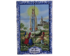 Painel 6 azulejos decorados com barra azul motivo Nossa Senhora de Fátima