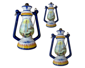 Lanterna decorativa em faiança decorada motivo Nossa Senhora de Fátima