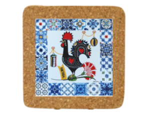 Azulejo com cortiça (sem corda) decorado Galo de Barcelos em festa 7.5x7.5cm