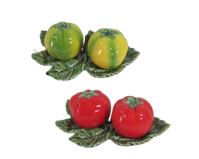 Saleiro/pimenteiro tomate em faiança pintado à mão