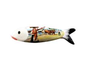 Sardinha magnética em faiança decorada motivo arte xávega