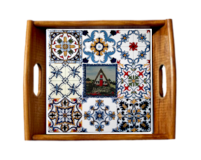 Tabuleiro asa lisa envernizado com azulejo decorado 15x15 cm multi-padrão casa santana