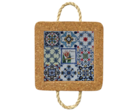 Base de cortiça com corda com azulejo decorado 10x10 cm multi-padrão estrelícia