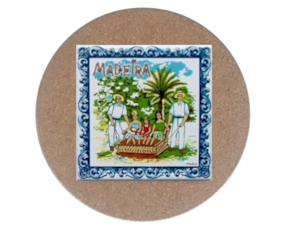 Azulejo decorado 15x15 cm com base de cortiça redonda motivo carro de vimes