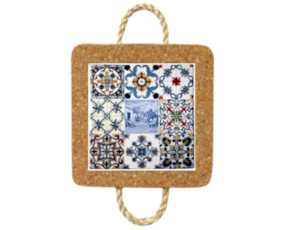Base de cortiça com corda e azulejo decorado 10x10 cm multi padrão vimes