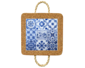 Base de cortiça com corda e azulejo decorado 10x10 cm multi-padrão azul vimes