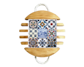 Base de tacho em madeira natural com azulejo decorado 10x10 cm multi-padrão vimes