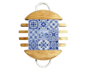 Base de tacho em madeira natural com azulejo decorado 10x10 cm multi-padrão azul vimes
