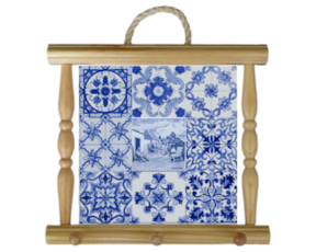 Suporte de panos em madeira natural com azulejo decorado 10x10 cm multi-padrão azul vimes
