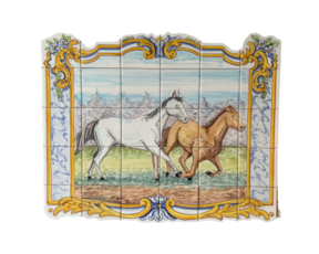 Painel de azulejos pintado à mão motivo Cavalos 