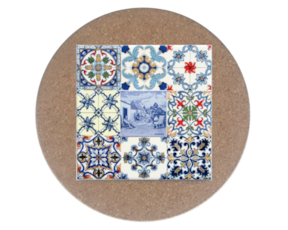 Azulejo decorado 15x15 cm com base de cortiça redonda multi-padrão vimes