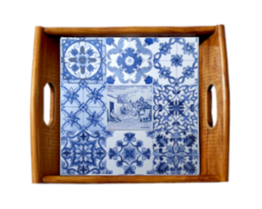 Tabuleiro asa lisa envernizado com azulejo decorado 15x15 cm multi-padrão azul vimes