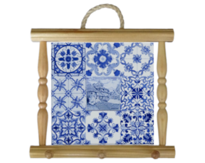 Suporte de panos em madeira natural com azulejo decorado 10x10 cm multi-padrão azul bordadeira
