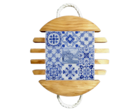 Base de tacho em madeira natural com azulejo decorado 10x10 cm multi-padrão azul bordadeira