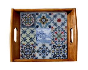 Tabuleiro asa lisa envernizada com azulejo decorado 15x15 cm multi-padrão bordadeira