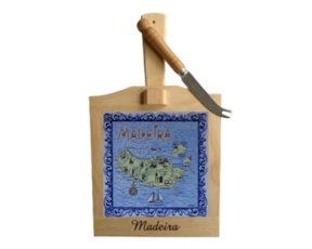 Tábua de queijo em madeira natural com azulejo decorado 10x10 cm motivo arquipélago
