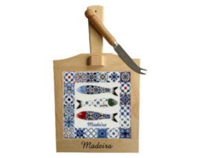 Tábua de queijo em madeira natural com azulejo decorado 10x10 cm motivo sardinhas