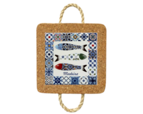 Azulejo decorado 15x15 cm com base de cortiça com corda motivo sardinhas