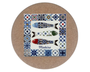 Azulejo decorado 15x15 cm com base de cortiça redonda motivo sardinhas