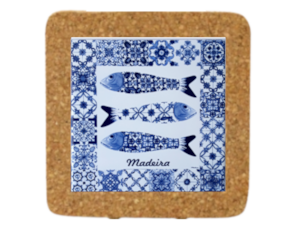 Base de cortiça com azulejo decorado 7.5x7.5 cm motivo sardinhas azul