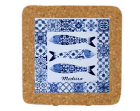 Azulejo decorado 10x10 cm com base em cortiça motivo sardinhas azul