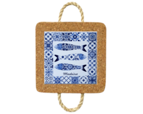 Azulejo decorado 15x15 cm com base em cortiça com corda motivo sardinhas azul