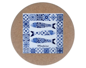 Azulejo decorado 15x15 cm com base de cortiça redonda motivo sardinhas azul