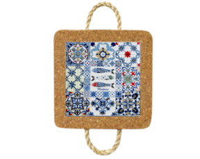 Azulejo decorado 15x15 cm com base de cortiça com corda multi-padrão sardinhas