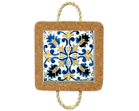 Base de cortiça com corda e azulejo decorado 10x10 cm padrão 20 madeirense 
