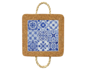Base de cortiça com corda e azulejo decorado 10x10 cm multi-padrão azul