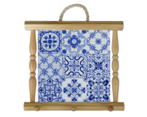 Suporte de panos em madeira natural com azulejo decorado 10x10 cm multi-padrão azul