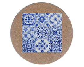 Azulejo decorado 15x15 cm com base de cortiça redonda multi-padrão azul