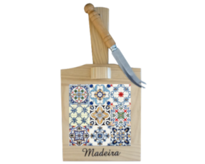 Tábua de queijo em madeira natural com azulejo decorado 10x10 cm multi-padrão