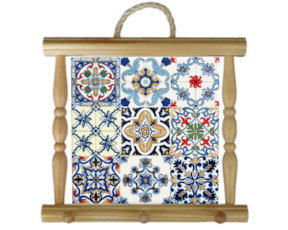 Suporte de panos em madeira natural com azulejo decorado 10x10 cm multi-padrão