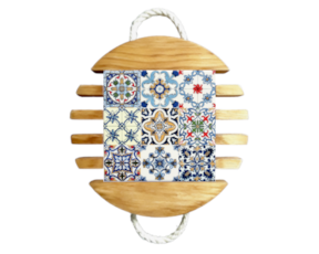 Base de tacho em madeira natural com azulejo decorado 10x10 cm multi-padrão