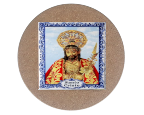 Azulejo decorado 15x15 cm com base em cortiça redonda motivo santo cristo