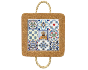 Base de cortiça com corda e azulejo decorado 10x10 cm multi-padrão santo cristo