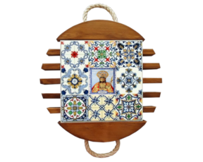 Base de tacho em madeira envernizada com azulejo decorado 10x10 multi-padrão santo cristo