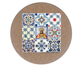 Azulejo decorado 15x15 cm com base em cortiça redonda multi-padrão santo cristo